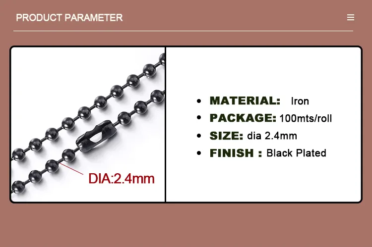 Functie Roller Chain Roestvrij staal voorgesneden 2,4 mm kogelketting voor Dogtag 0