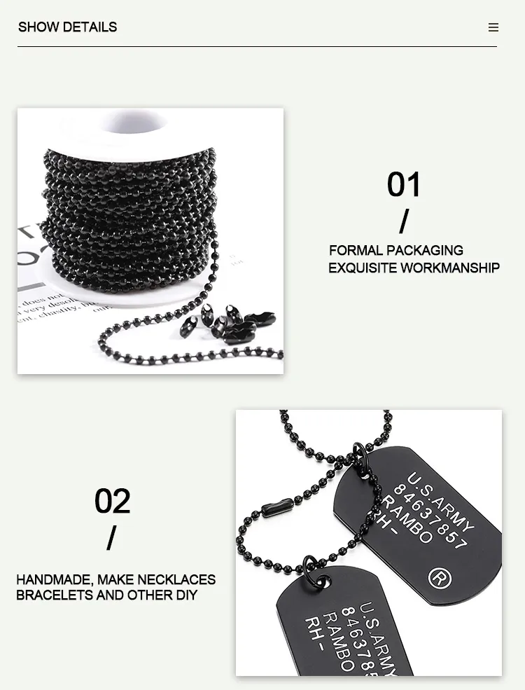 Functie Roller Chain Roestvrij staal voorgesneden 2,4 mm kogelketting voor Dogtag 1