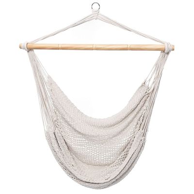 Goede prijs. Hoge capaciteit Kamperende hangende stoel buiten wit touw hangmat stoel met stand online